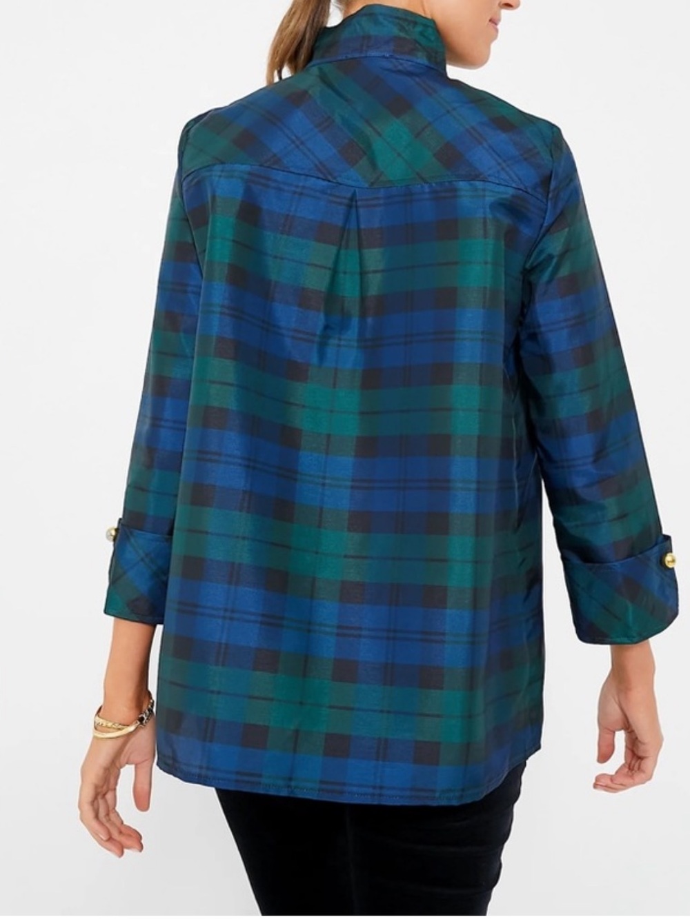 Tuckernuck Celine French Cuff Tartan Plaid Tunic Blouse Gold Button Preppy Sz S - Picture 3 of 6